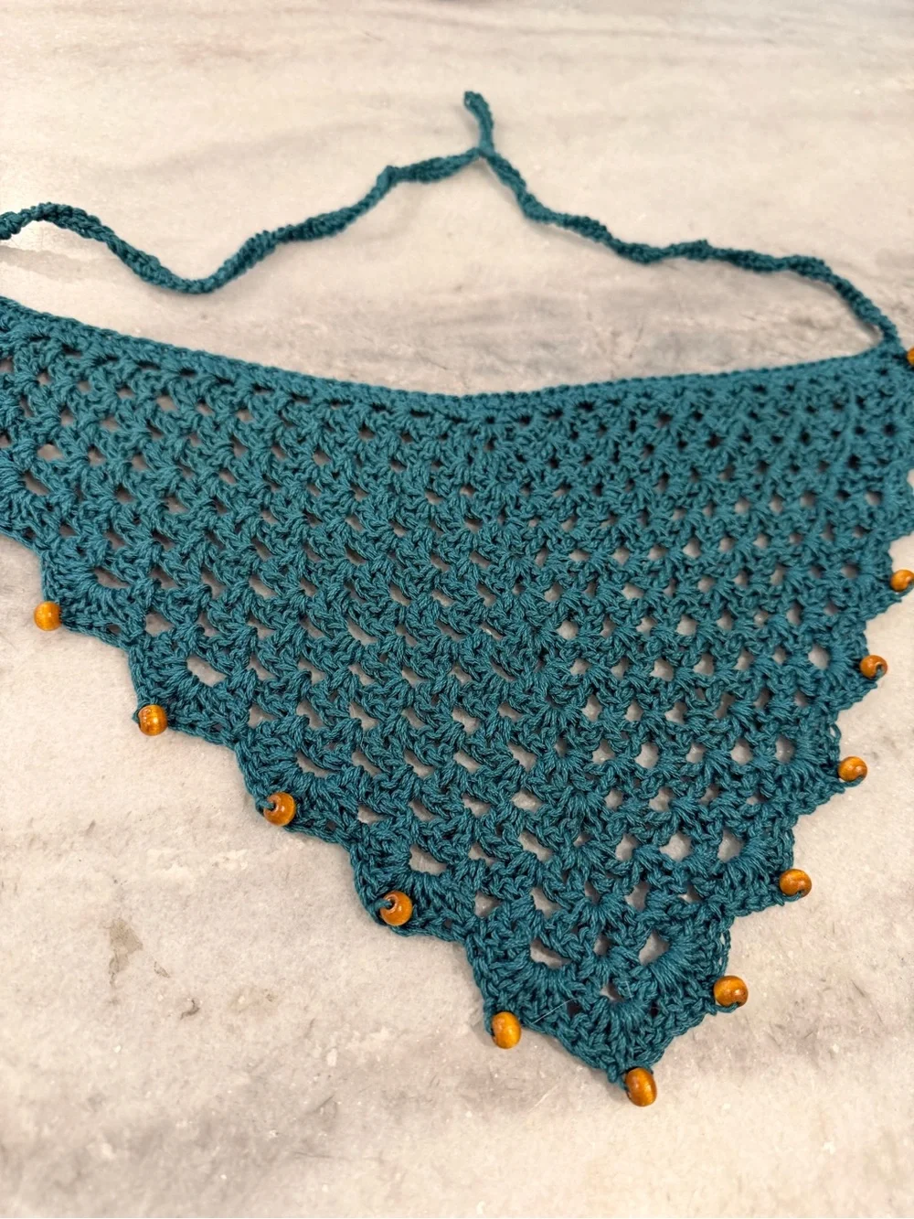 Handmade Crochet Wood Beaded Kerchief Head Scarf Cotton Boho Bandana Cottagecore